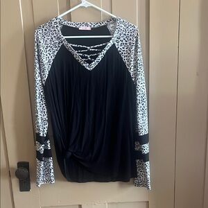 Black and White Ruched Tie Front Blouse